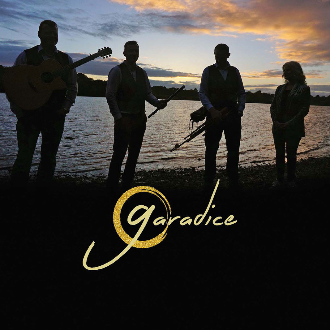 Silhouettes of musicians by a lake with 'Garadice' logo.