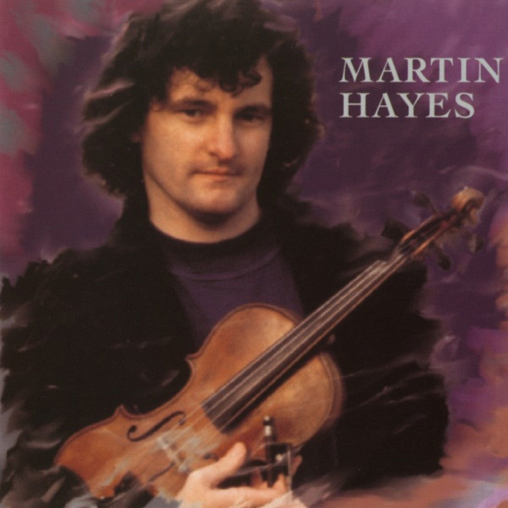 Man holding a violin with 'Martin Hayes' text on a purple background