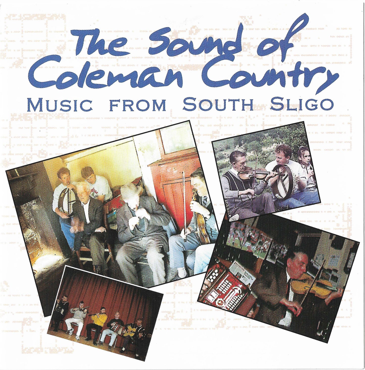 A collage of 4 photos of different musicians laying whistle, fiddle, bodhran, and accordion.