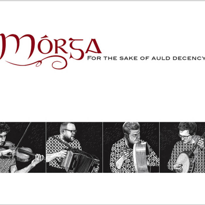 Promotional graphic for Mórga with musicians playing instruments on a white background.
