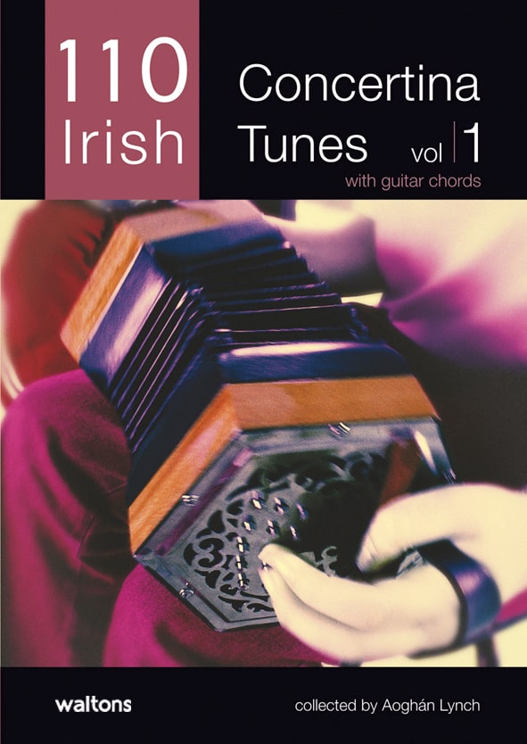 Book cover of '110 Irish Concertina Tunes Vol 1' with a person playing a concertina.