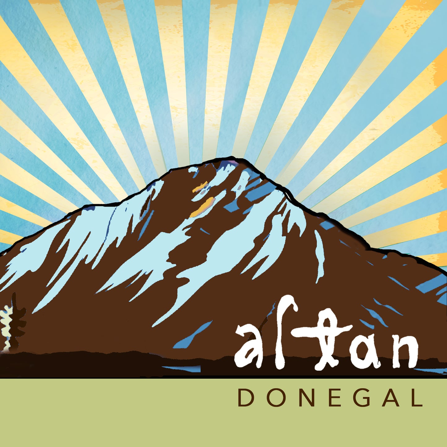 Mountain illustration with 'altan DONEGAL' text on a sunburst background