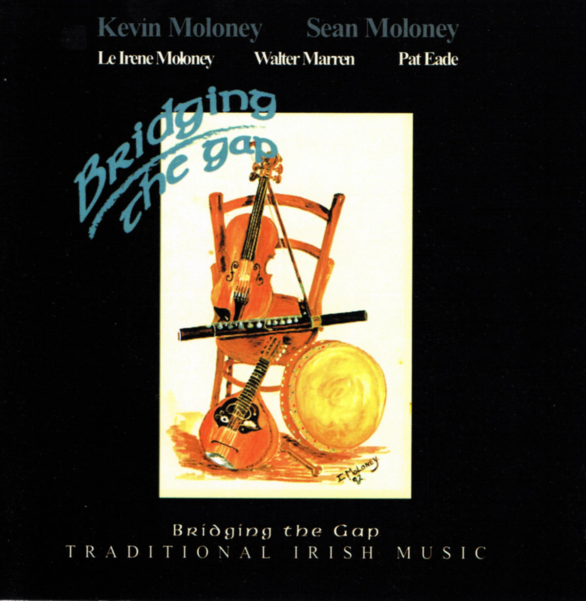 Album cover for 'Bridging the Gap' featuring traditional Irish instruments on a black background.