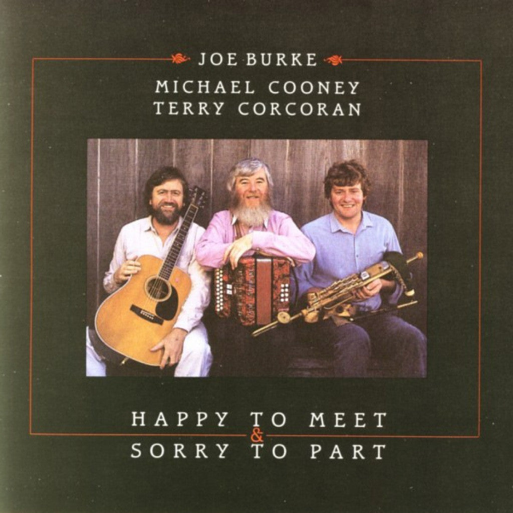 Album cover featuring three musicians with instruments and text 'Happy to Meet & Sorry to Part' on a dark background.