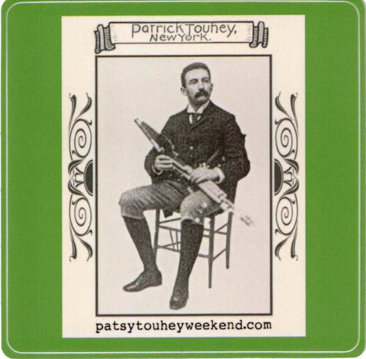 Vintage-style card with a man holding uilleann bagpipes, framed by decorative elements on a green border.
