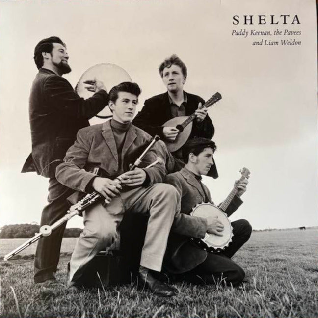 Album cover with a black and white photo of four musicians playing instruments on a grassy field, with 'Shelta' at the top.