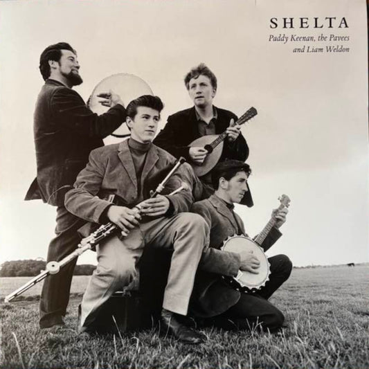 Album cover with a black and white photo of four musicians playing instruments on a grassy field, with 'Shelta' at the top.