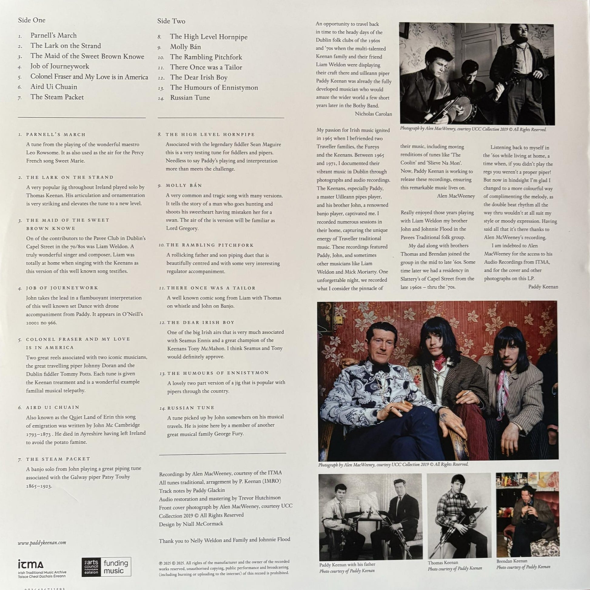 Back cover of a vinyl record with text and images of musicians.