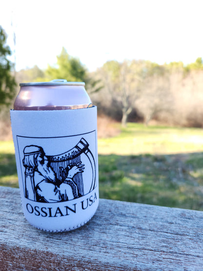 Koozie with Ossian USA branding attached to a wooden post outdoors