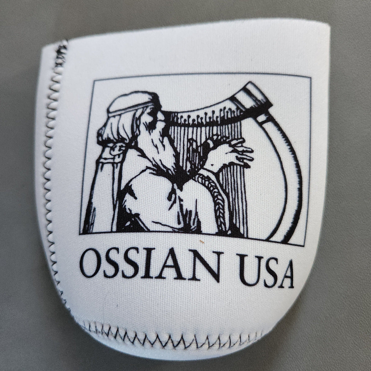 White neoprene koozie with black graphic and 'Ossian USA' text on a gray background