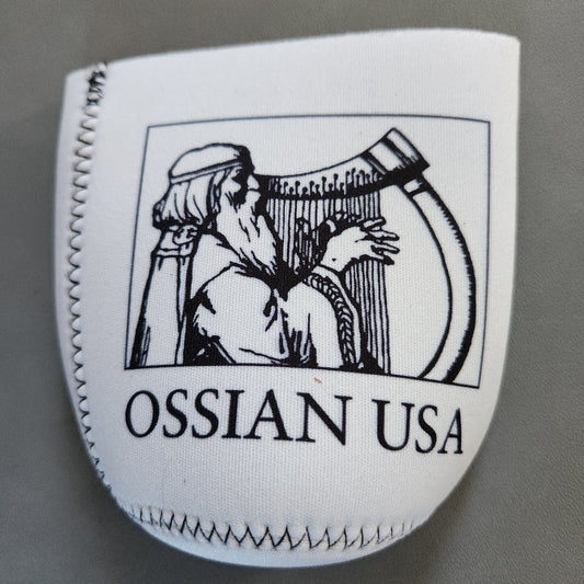 White neoprene koozie with black graphic and 'Ossian USA' text on a gray background